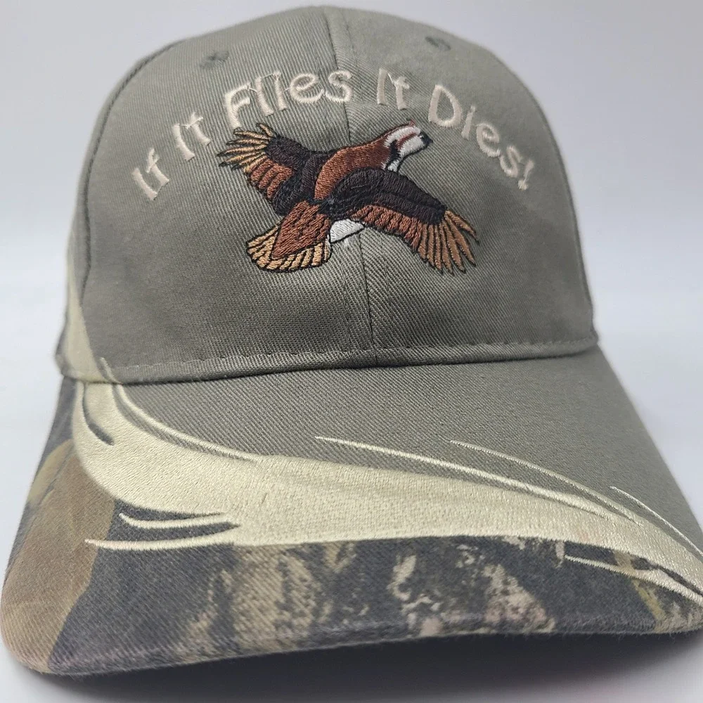 Vintage Pheasant‎ Hat Adjustable (Fits Small) Gray Camo If It Flies It Dies Hunt
